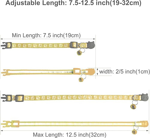 2 Pack Breakaway Cat Collars with Bells, Reflective Design and Claw Print Design, Safety Buckle Kitten Collars Adjustable from 7.5 to 12.5 Inches (Yellow)