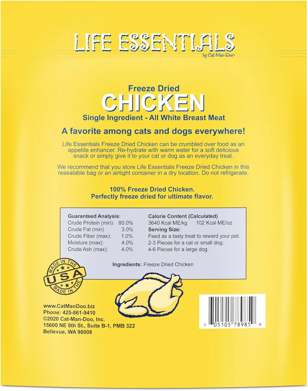 Life Essentials by Cat-Man-Doo | Chicken - 5oz. Bag | Freeze Dried Chicken Cat & Dog Treats | Healthy, Single Ingredient, Training Treats, High Protein | Cooked & Freeze-Dried White Chicken Breast Meat, Healthy Chicken Cat Treats & Dog Treats, High