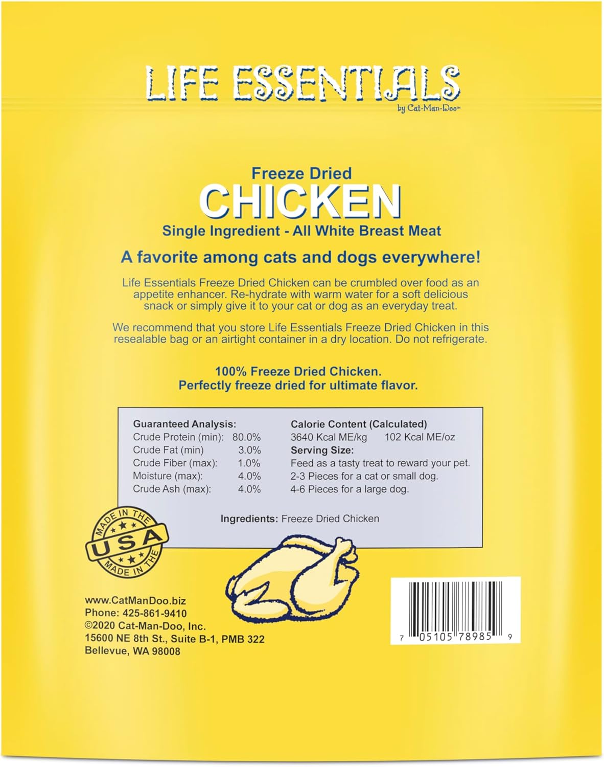 Life Essentials by Cat-Man-Doo | Chicken - 5oz. Bag | Freeze Dried Chicken Cat & Dog Treats | Healthy, Single Ingredient, Training Treats, High Protein | Cooked & Freeze-Dried White Chicken Breast Meat, Healthy Chicken Cat Treats & Dog Treats, High
