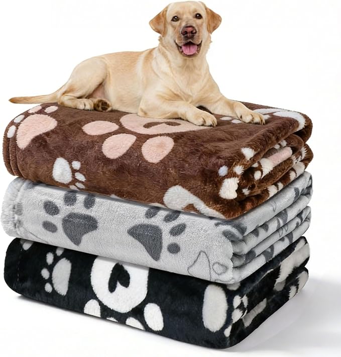 Dog Blankets 3 Pack for Large Medium Pet Cat, Soft Fuzzy Washable Blanket, 41 x 31 inch, Dog Blanket for Dogs Kennels & Beds, Sofas, Furniture, Gifts Puppy Essentials, Black/Brown/Gray