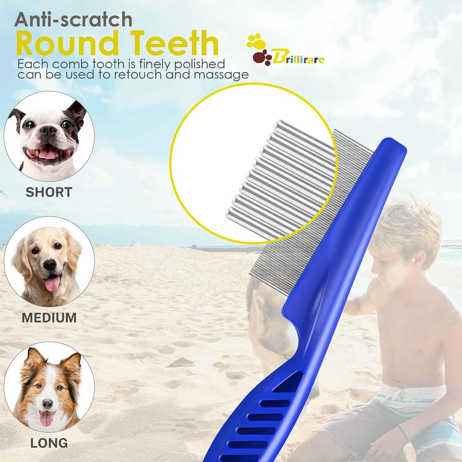 3 Pack Dog Grooming Comb, Pet Flea Lice Cat Combs, Stainless Steel Grooming Comb with Rounded Teeth, Professional Dogs Tear Stain Remover, Dematting Tool for Small, Medium & Large Pets