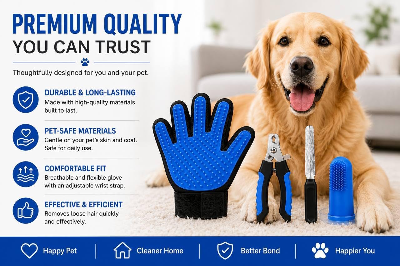 3-in-1 Pet Grooming Kit – Pet Deshedding Glove, 360° Silicone Finger Toothbrush, and Professional Dog Nail Clippers with File – Complete Grooming Set for Cats & Dogs with Short or Long Fur