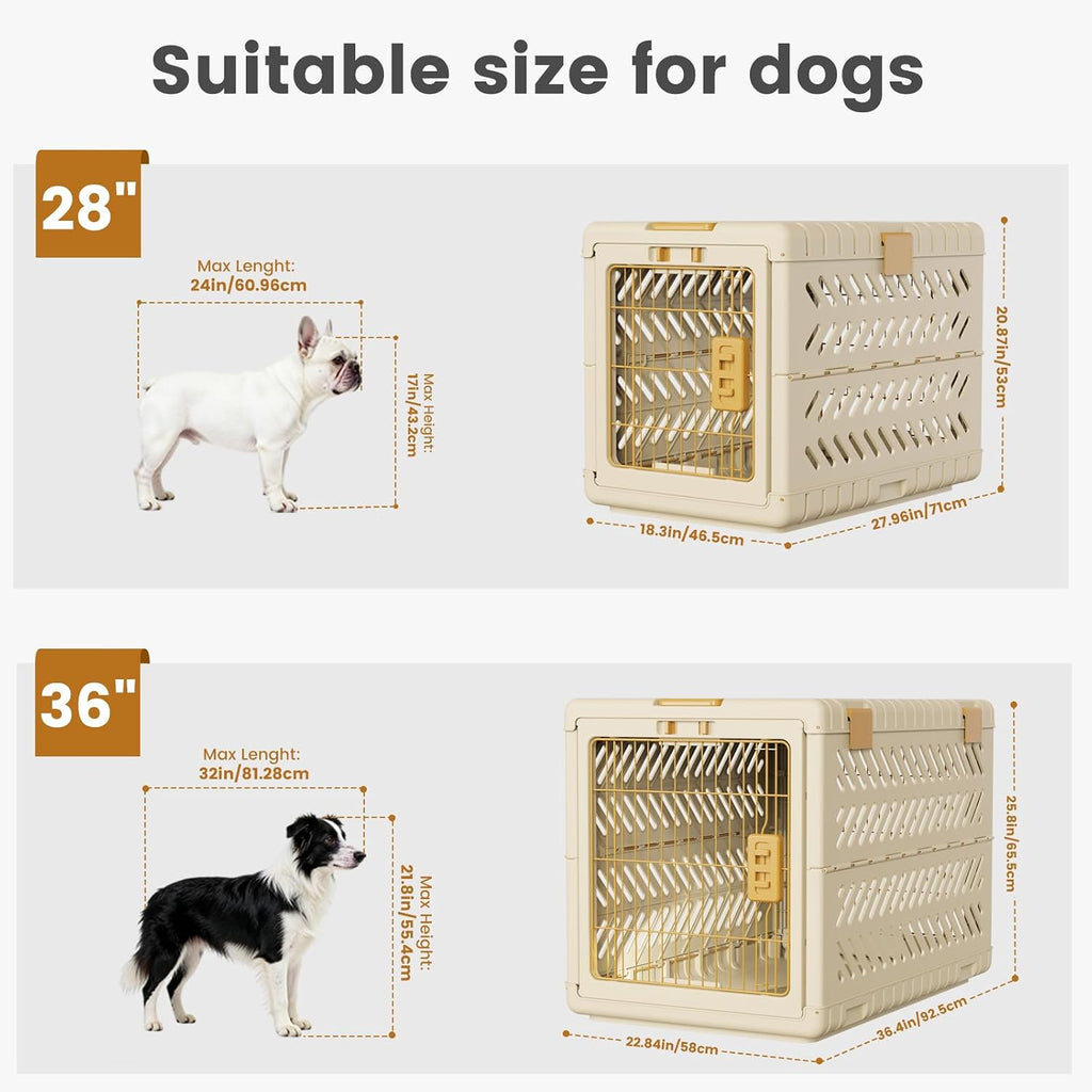Collapsible Dog Crate for Large/Medium Dogs - 36" L Foldable Dog Cage No-Tool Assembly, Travel Dog Crate with 2 Wheels - Easy to Carry, Space-Saving, Indoor Outdoor Use, Cream, 36.4”L*22.84”W*25.8”H