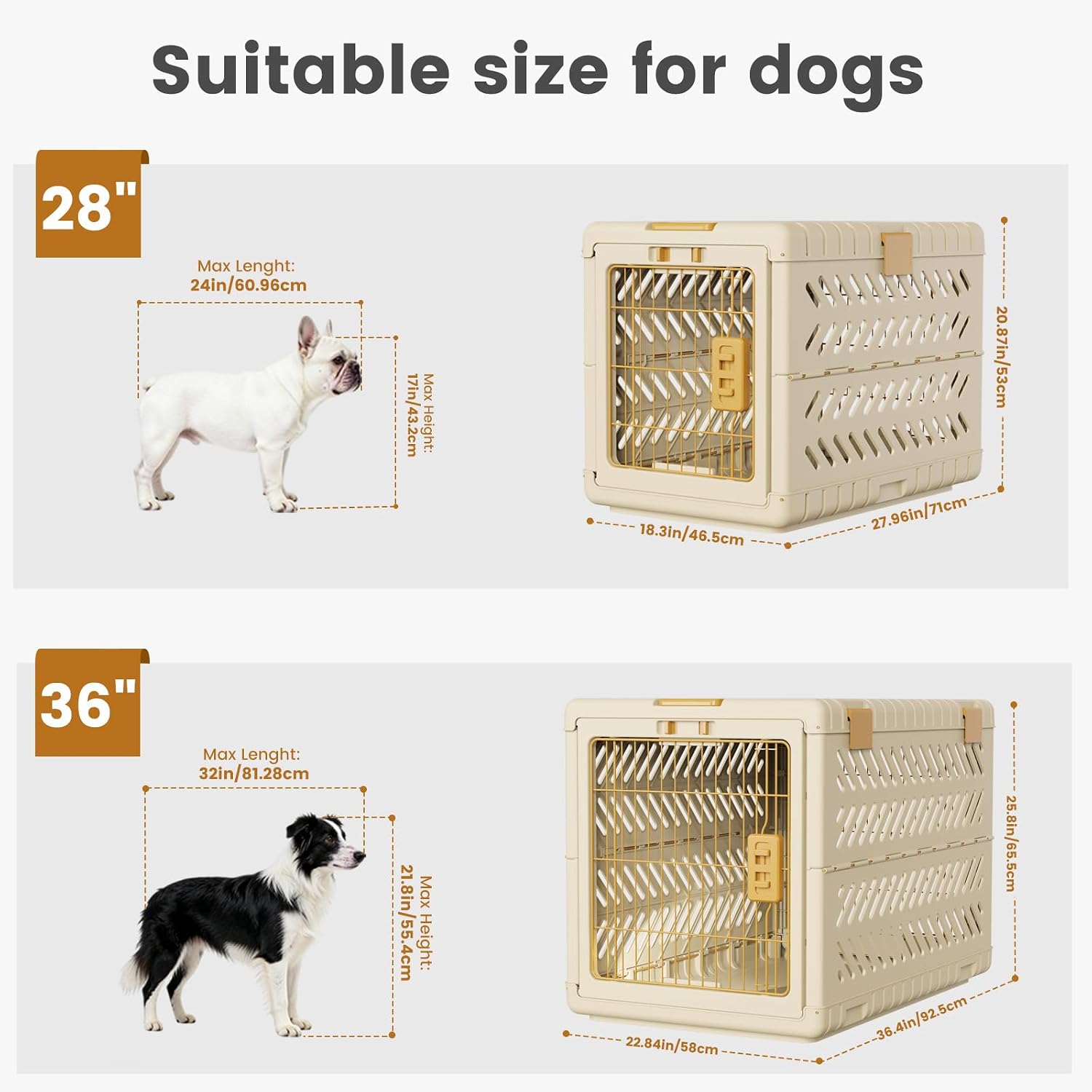 Collapsible Dog Crate for Large/Medium Dogs - 36" L Foldable Dog Cage No-Tool Assembly, Travel Dog Crate with 2 Wheels - Easy to Carry, Space-Saving, Indoor Outdoor Use, Cream, 36.4”L*22.84”W*25.8”H