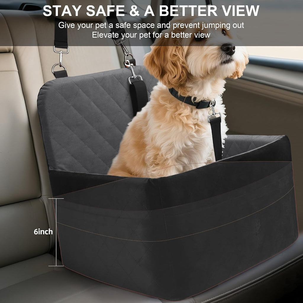 Dog Car Seat for Small/Medium Dogs,Pet Dog Booster Car Seat Puppy 15-35 lbs with Soft 4+2in Detachable Pads Detachable Elevated Cushion and Washable Cover Safety Belt Storage Pockets Easy to Install