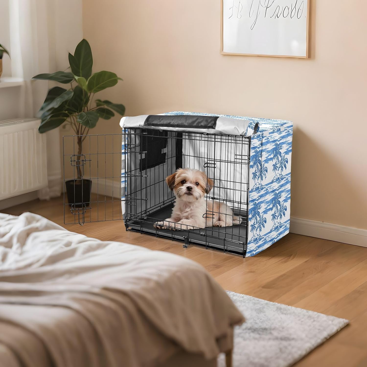 Blue and White Tropical Palm Crate Covers for Dogs Privacy Wire Cage Cover Dog Crate Curtains 48 Inch