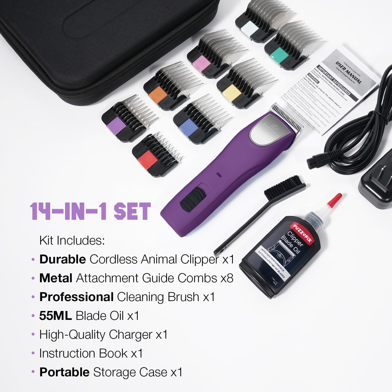 Professional Dog Grooming Clippers 2-Speed Detachable Blade 10# | Metal Guide Combs Kit for Thick Curly Coats Horse Animal Breeds Cats Low Noise Cordless Heavy Duty Pet Hair Trimmer Bluewave