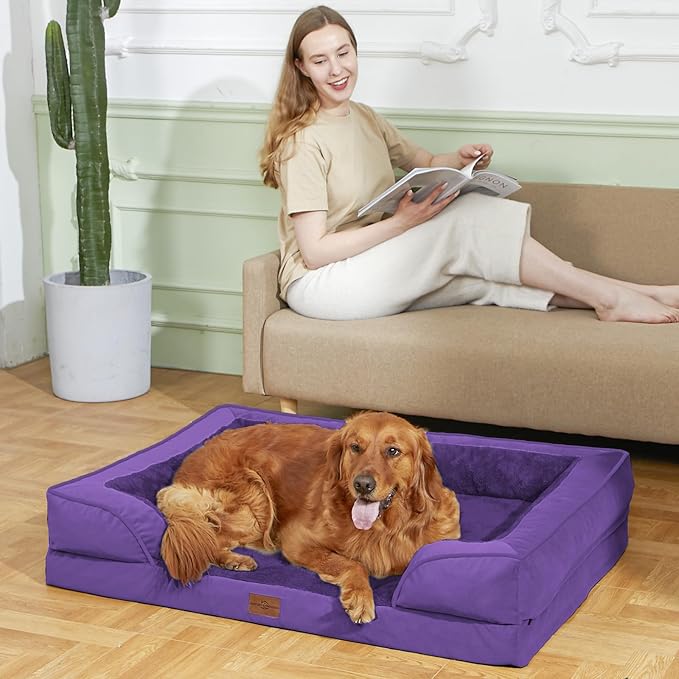 Comfort Expression Orthopedic Dog Bed for Extra Large Dogs 45x35 Inch, Waterproof Egg Crate Foam XL Pet Bed with Removable Bolsters, Dog Couch with Washable Cover & Non-Slip Bottom, Deep Purple