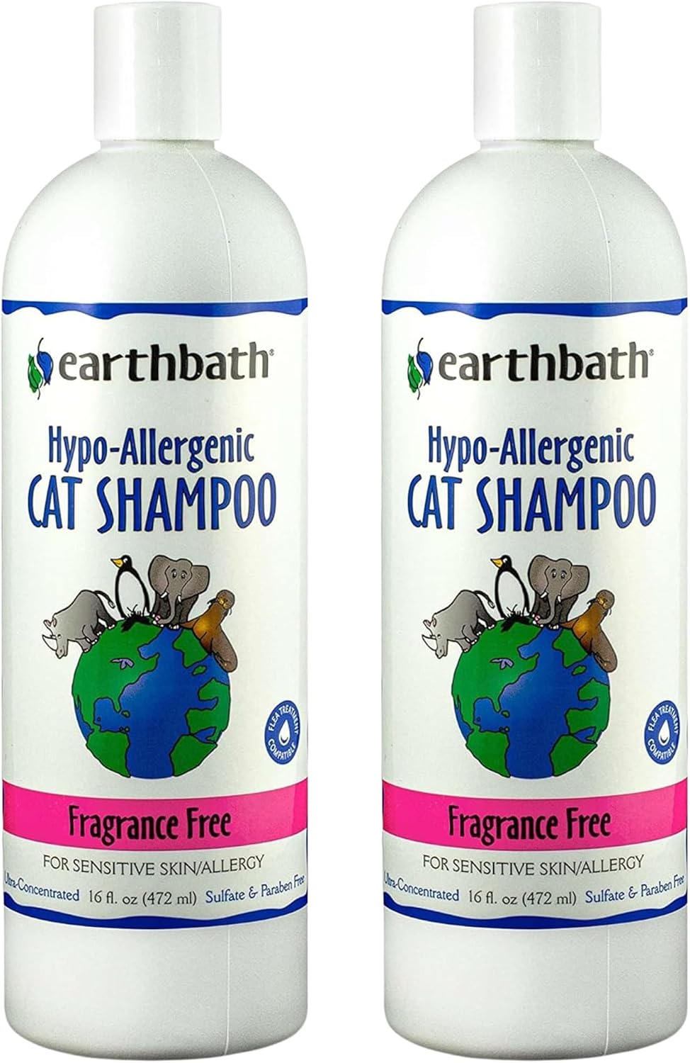 earthbath Hypoallergenic Cat Shampoo, Made in USA, 16 Oz (2 Pack) | Fragrance Free Cat Shampoo for Allergies and Itching
