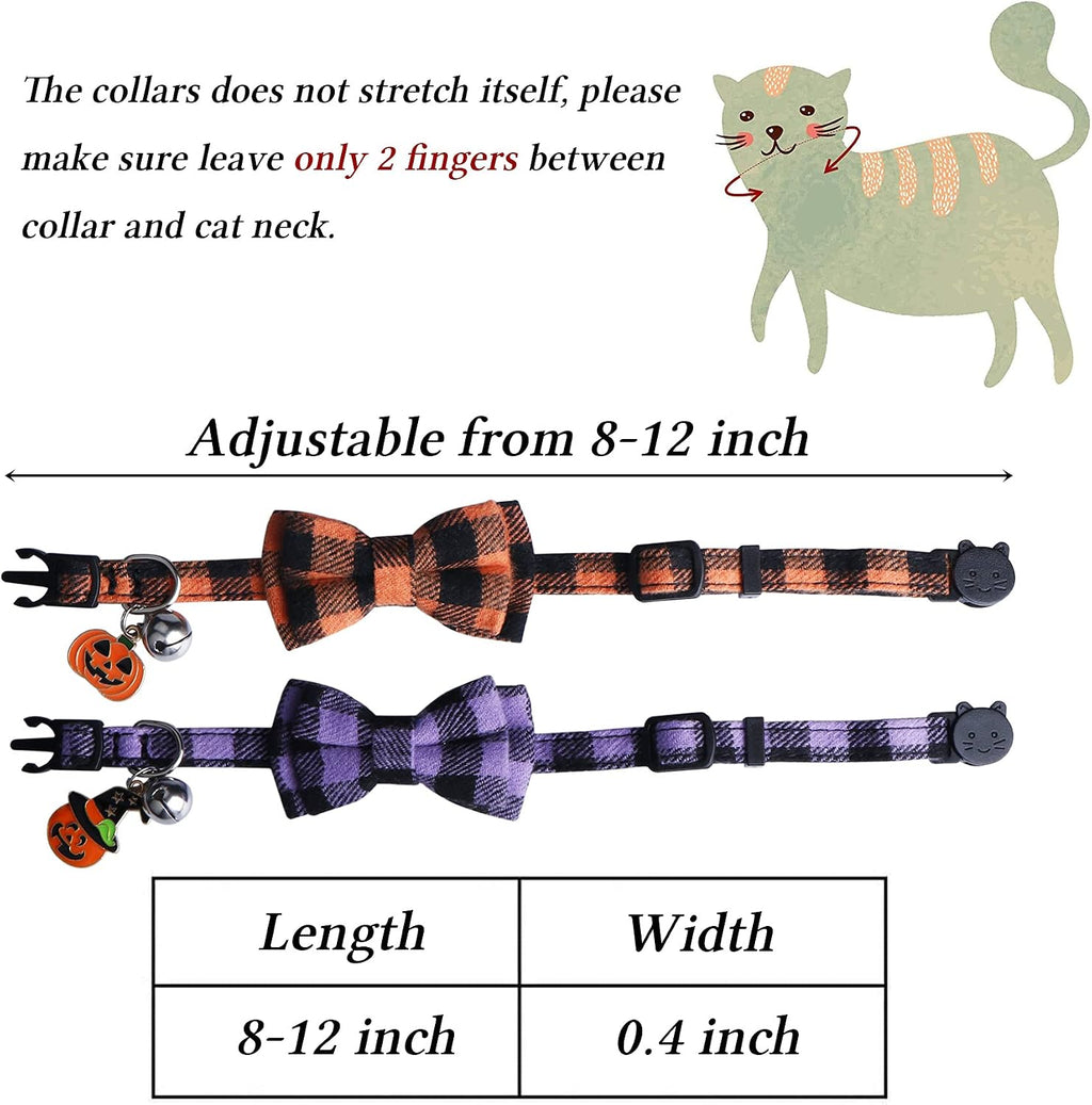 STMK 2 Pack Halloween Plaid Cat Collars with Bow Tie Bell, Breakaway Adjustable Pumpkin Cat Kitten Collars with Bowtie Bell for Halloween Cats Kittens Costume Decorations
