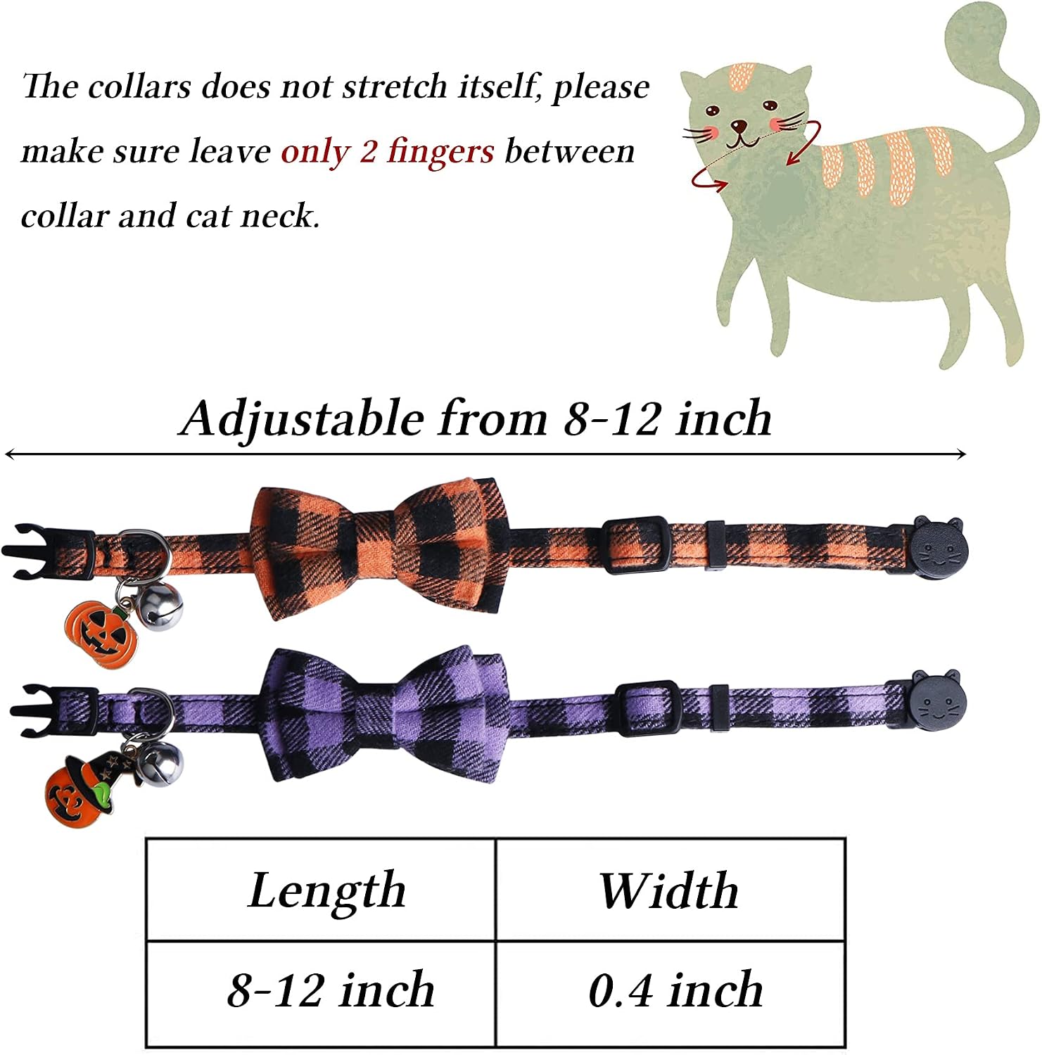 STMK 2 Pack Halloween Plaid Cat Collars with Bow Tie Bell, Breakaway Adjustable Pumpkin Cat Kitten Collars with Bowtie Bell for Halloween Cats Kittens Costume Decorations