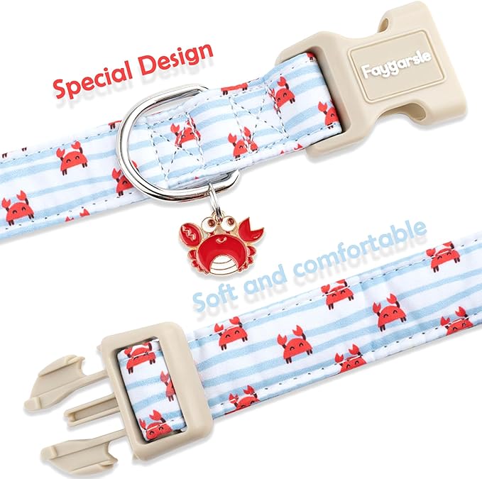 Faygarsle Cute Crab Pattern Dog Collar, Cotton Fabric, Light Blue Stripes, for Small Medium Large Dogs L