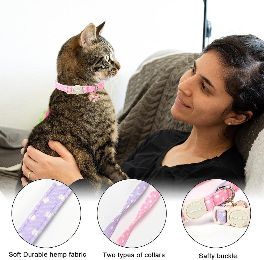 2 Pack Pink Purple Polka Cat Collars Breakaway with Bell, DOGWONG Safety Buckle Cat Collar for Girl Boy Cats and Small Dogs，Adjustable 7-12 Inch,Pet Supplies Accessories