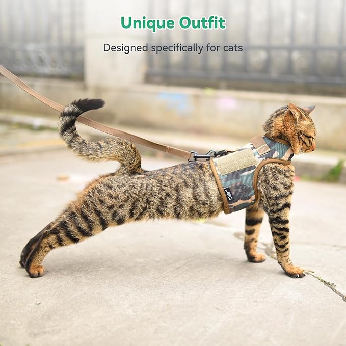 Tactical Kitty Harness and Leash for Walking Escape Proof Breathable Mesh Fabric, Green Jungle Camo, Small, Adjustable Cat Walking Jackets, Padded Stylish Cat Vest