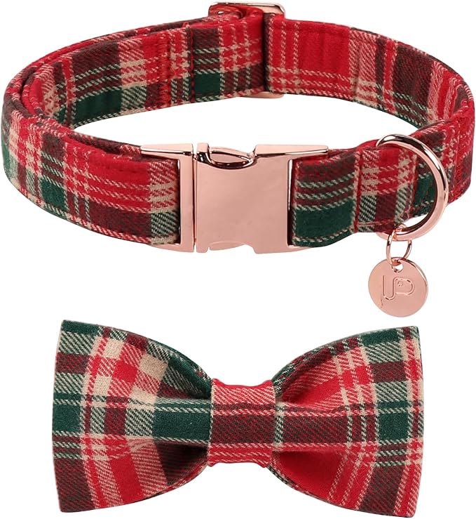 Christmas Plaid Dog Collar with Bow Tie– Adjustable Red & Green Checkered Dog Collar for Small Medium Large Dogs, Soft Xmas Plaid Puppy Collars with Quick Release Buckle M