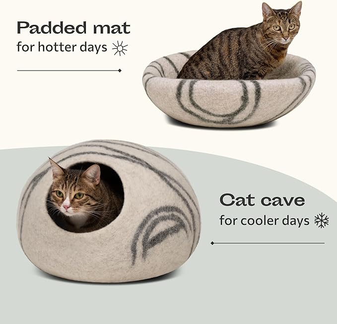 MEOWFIA Cat Cave – Premium Felt Cat Bed for Indoor Cats, Handmade 100% Merino Wool (Light Grey, Medium) (Pack of 2)