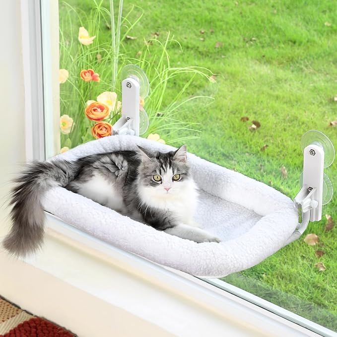 Zakkart Foldable Cat Hammock for Window - Cordless, Embeded Machine Washable Bed, Robust Metal Frame - Cat Window Perch for Large Cats and Kittens (White Bolster Bed, Large)
