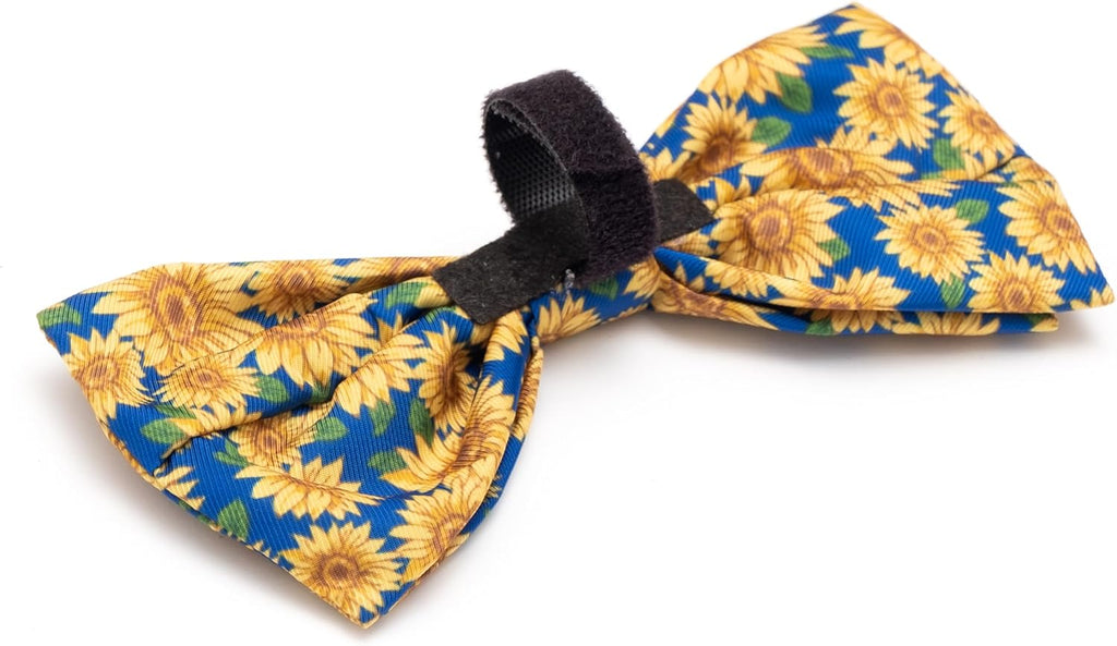 THE WORTHY DOG Pet Bow Tie for Dogs & Cats – Soft Printed Polyester Collar Bow Tie with Touch Fastener, Attaches to Any Collar - Sunflowers Pattern, Blue, Small