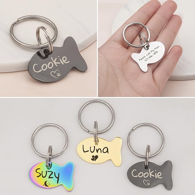 Anavia Small Size Dog Cat ID Tags, Small/XS Personalized Color Plated Stainless Steel Puppy Kitten Name Tags, Customized Engraved Nameplate Pet Collar Tag (Rose Gold, Fish)