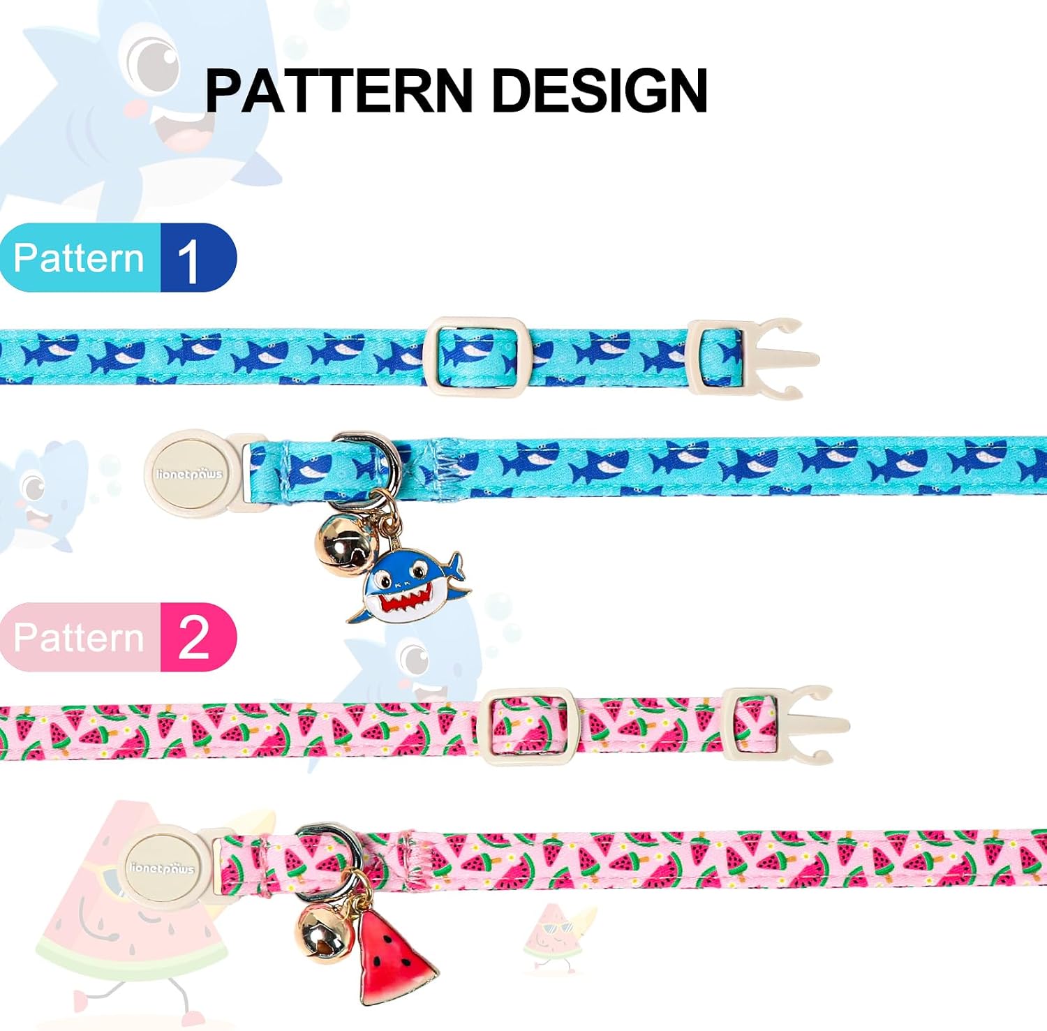 Lionet Paws 2pcs Pack Summer Cat Collar,Breakaway Buckle with Blue Shark and Pink Watermelon Pendant Cute Adjustable Cat Kitten Collar,Ideal for Girl Boy Cats