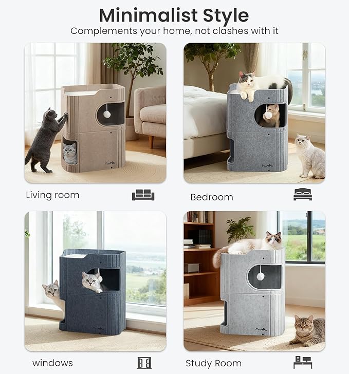 Made4Pets Cat House for Indoor Use, 2-Storey Cube Bed Cave, Covered Hideaway Condo with Scratch-Resistant Felt, Foldable Easy-to-Clean Design for Multi-Cat Homes, Beige