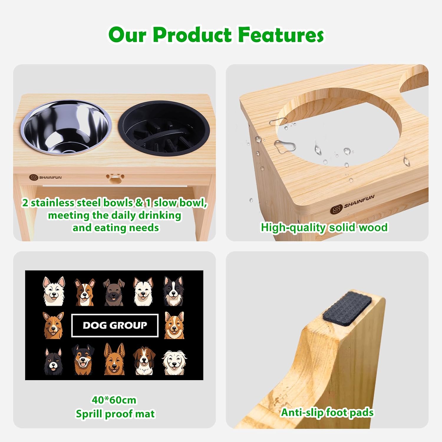 SHAINFUN Elevated Dog Bowls with Slow Feeder & Mat for Medium and Large Dogs, 10" Tall Wooden Raised Dog Bowl Stand, 2 Stainless Steel 58oz Bowls for Food & Water