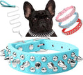 Spiked Dog Collar Soft Pu Leather Mushrooms Rivet Spike Studded Puppy Adjustable Pet Collars for Small Breeds (M, Light Blue Set)