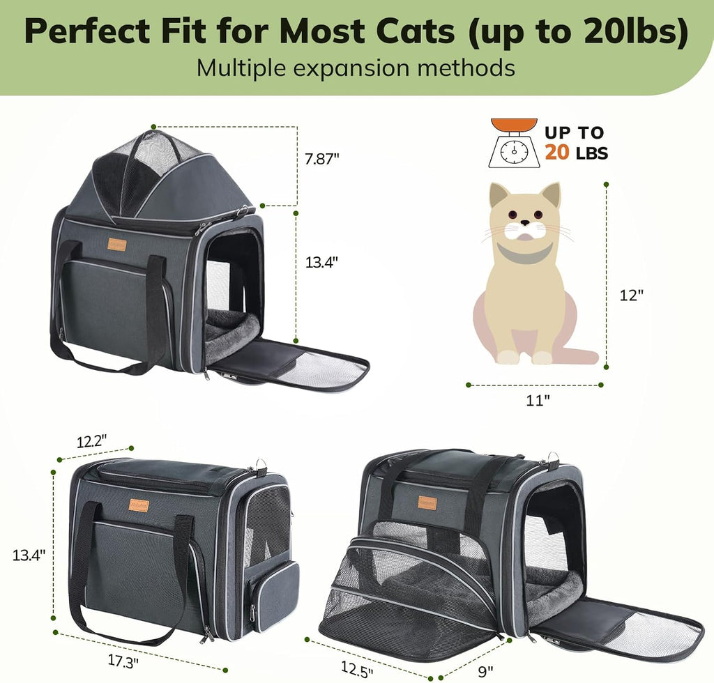 Morpilot Top and Side Expandable Cat Carrier for Pets up to 20lbs | Airline Approved Collapsible Soft-Sided Pet Carrier for Car Rides and Vet Visits (Dark Gray)