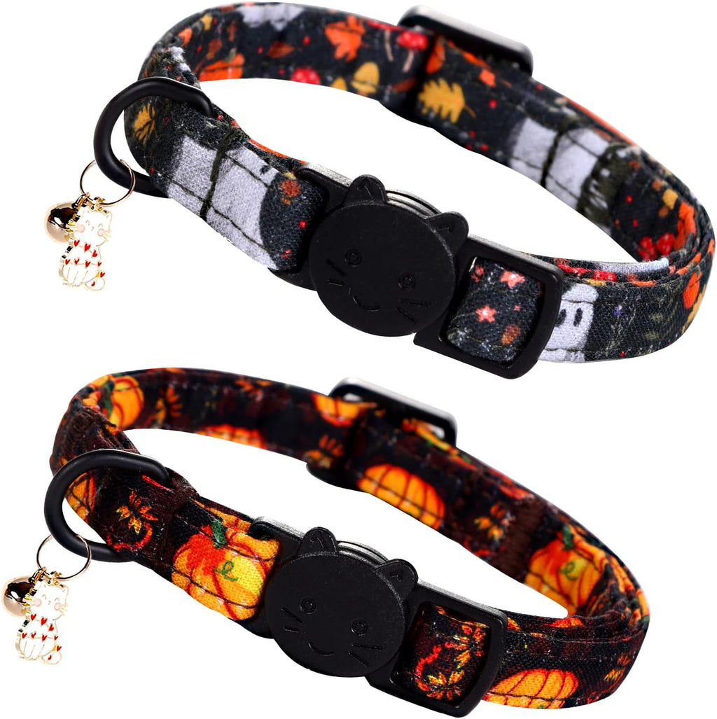 Halloween Cat Collar-2 Pack Pumpkin Print Fall Cotton Breakaway Cat Collars with Bell Pendant Kitten Boy Girl Safety Adjustable Collar for Small Cats Puppy