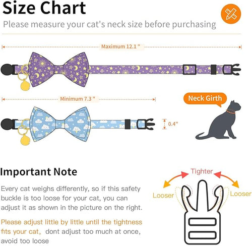 2 Pack Cotton Cat Collar with Bow Tie and Bell for Girl Boy Cats,Cute Pink Flamingo and Blue Whale Pattern Spring Summer Breakaway Cat Collar for Male Female Cats (Moon&Cloud)
