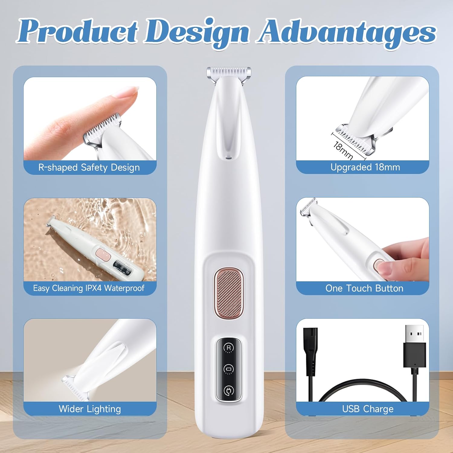 Pets Paw Trimmer Low Noise, Electric Clippers for Dog & Cat & Rabbit | Dog Paw Trimmer with LED Light, Grooming Shaver for Pet Feet Eyes Face Ears Rump Hair, USB Rechargeable, Waterproof, Quiet