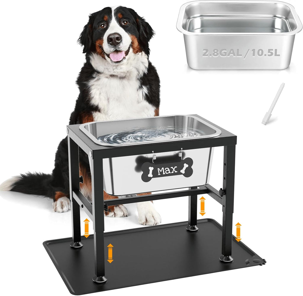 2.8 Gallon Elevated Large Dog Water Bowl with Spill-Proof Mat, 4-Height Adjustable (9.4–14.2'') Raised Dog Water Bowl Stand with Stainless Steel Bowls for Indoor/Outdoor Use
