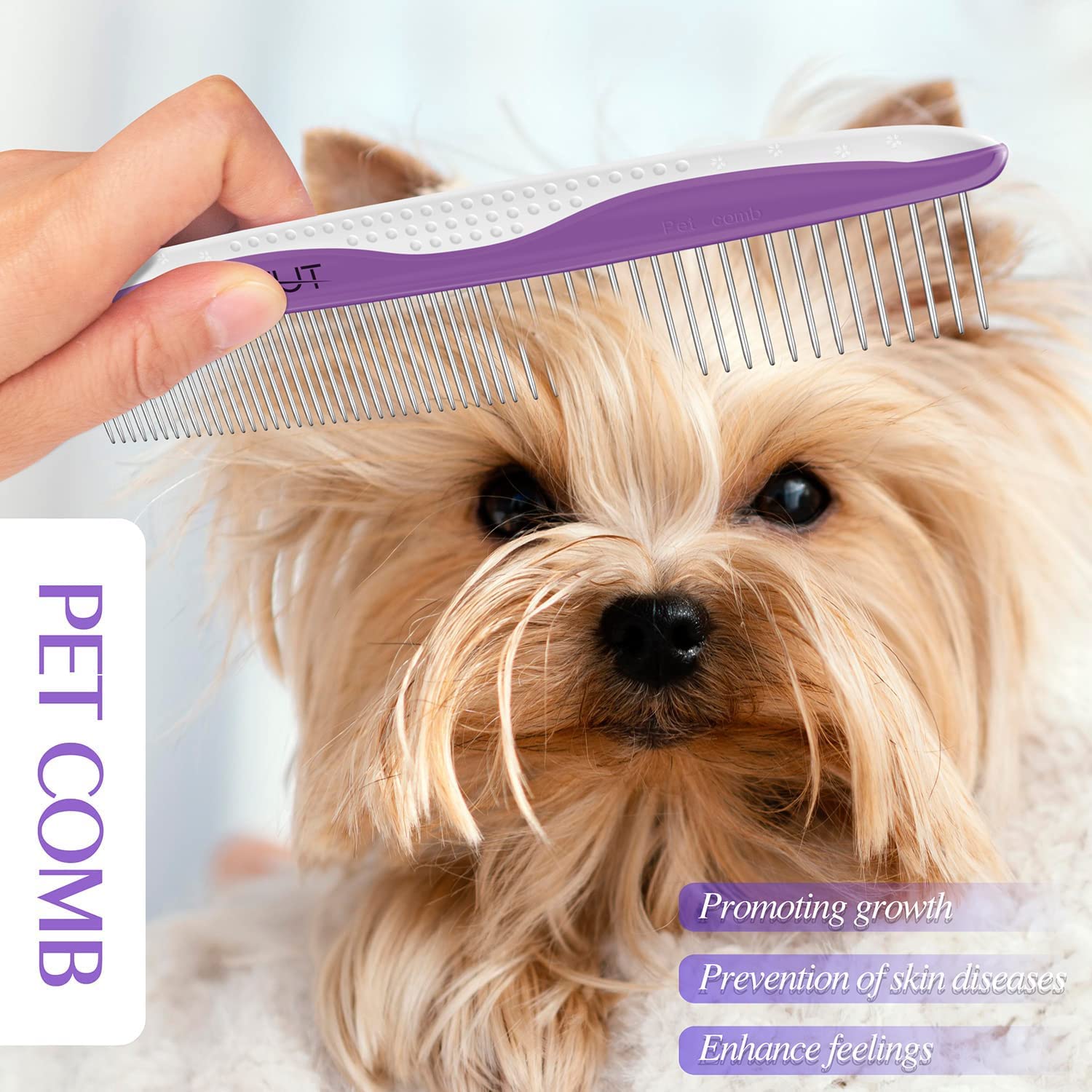 Dog Comb, OneCut Pet Grooming Tool for Removing Tangles Knots and Matted Fur, Wide and Narrow Teeth Comb Design for Dogs and Cats (Purple)