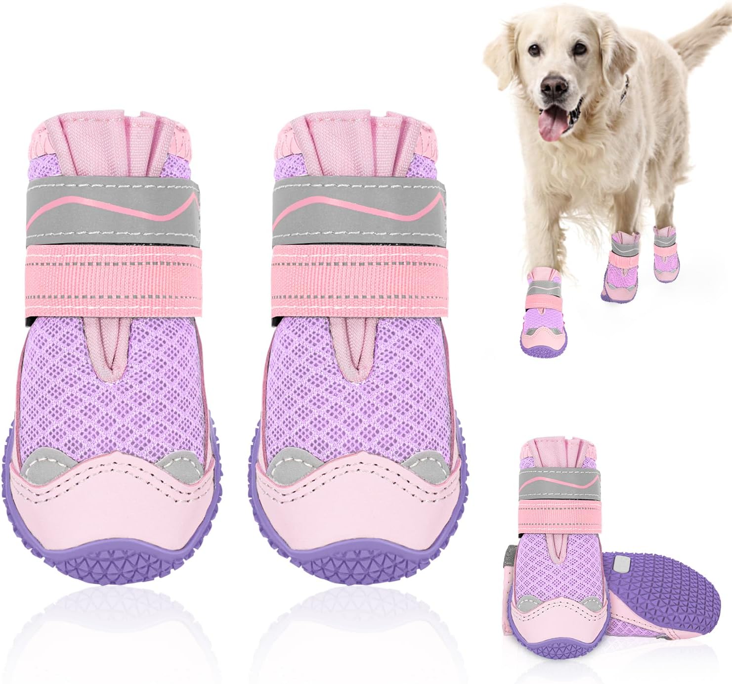 SlowTon Dog Shoes for Large Small Medium Dogs - Breathable Dog Boots | for Summer Hot Pavement, Paw Protector for Outdoor Walking Winter Snow, Anti-Slip Rubber Booties for Hardwood Floor, Pink 4