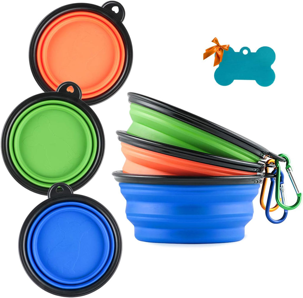 Collapsible Silicone Dog Bowls, 3-Pack Travel Pet Food Water Bowls | Orange, green & blue. 5.1 in wide, 2.1 in tall, folds to 0.5 in. Holds 12 oz water or 1.5 cups food. Includes ID tag.