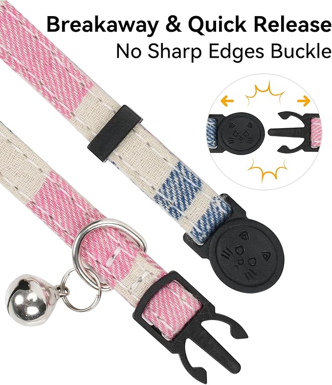 Joytale Upgraded Cat Collar with Bells, Breakaway Cat Collars with Bow Tie, 2 Pack Girl Boy Safety Plaid Kitten Collars, Pink+Red
