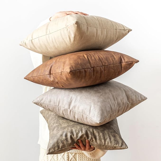 Oversized Neutral Decorative Leather Pillow Cover Pack of 2, Beige Thickened Farmhouse Abrasion Floor Cushion Cover, for Home Decor Outdoor Lounge Office Cafe Throw Pillow Covers 24x24 inch