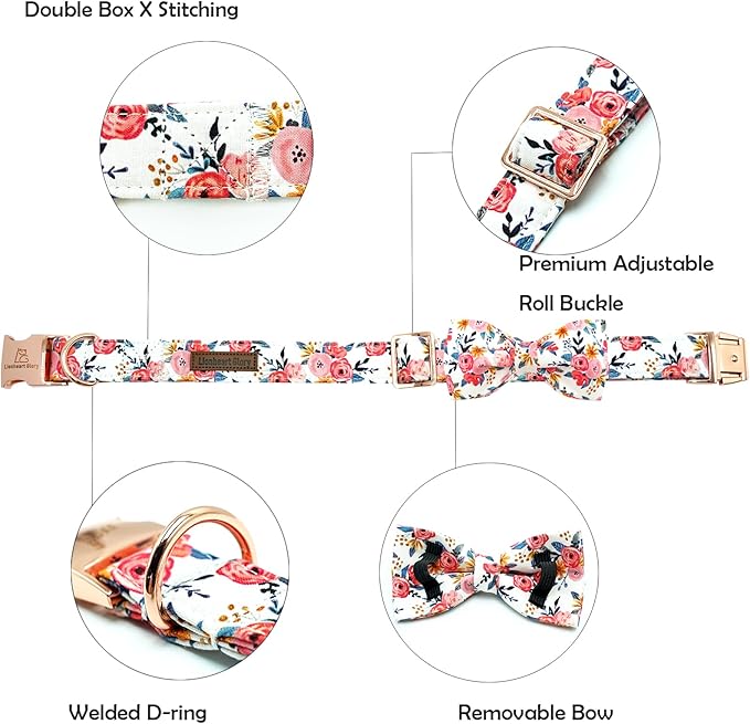 Lionheart glory Dog Collar Bow Collar Floral Dog Collar with Bow Tie Spring Summer Cute Collar Dog Boy or Girl Dog Collars Soft Durable Adjustable Dog Collars for Medium Dogs