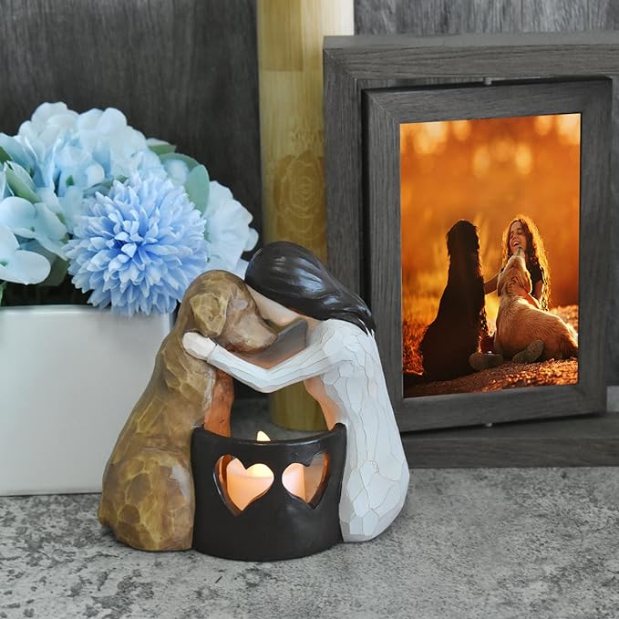 Dog Memorial Gifts，Pet Loss Gifts，Hand-Sculpted Dogs Passing Away Sympathy Gift，Remembrance Gift ，Dog Lovers Candle Holder Statue with LED Candle