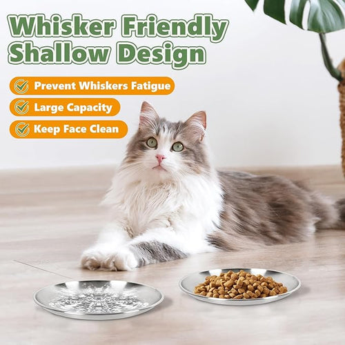 2-Pack Stainless Steel Cat Food Bowls, Shallow Whisker-Friendly Non-Slip Silicone Base Metal Dishes, Easy to Clean Indoor Feeding Flat Plates for Cat, Kitten, Small Dog (6.7")