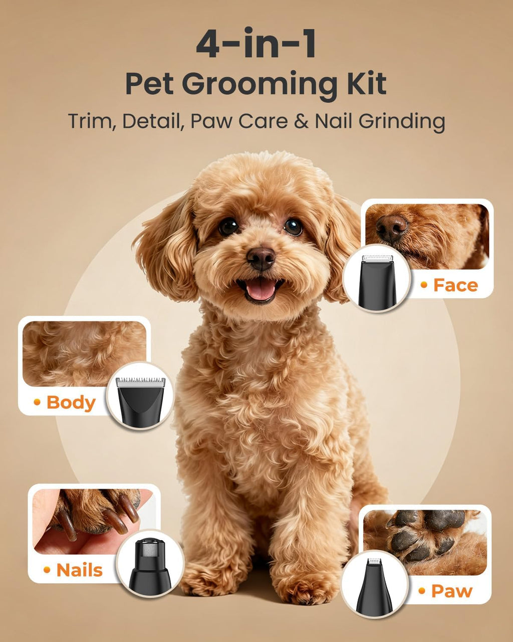 M&M STAR Dog Grooming Kit, 4-in-1 Dog Clippers for Grooming, Cordless Dog Hair Trimmer with Dog Paw Trimmer & Dog Nail Grinder, Low Noise Pet Clippers for Dogs Cats Face Ears Paws