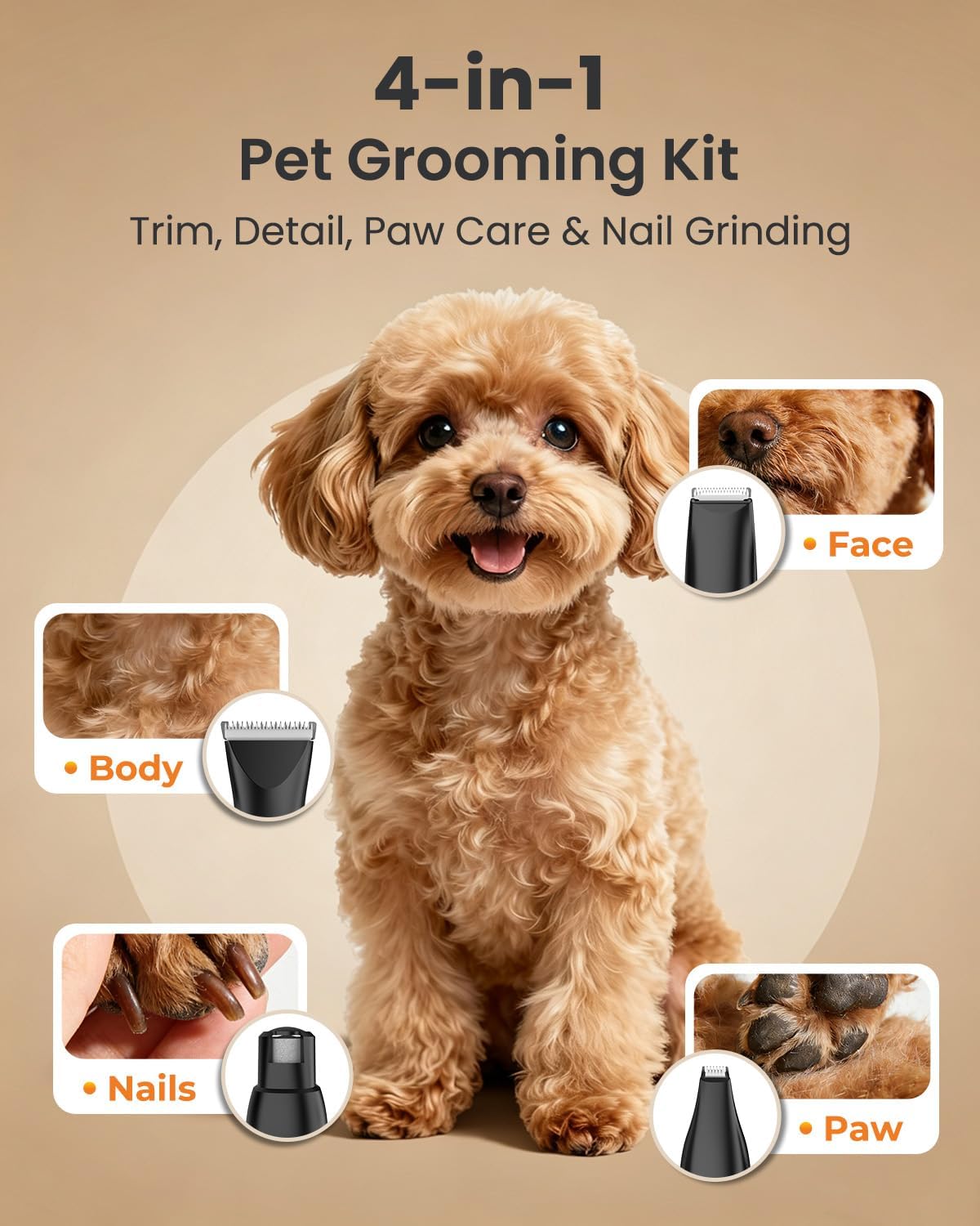 M&M STAR Dog Grooming Kit, 4-in-1 Dog Clippers for Grooming, Cordless Dog Hair Trimmer with Dog Paw Trimmer & Dog Nail Grinder, Low Noise Pet Clippers for Dogs Cats Face Ears Paws