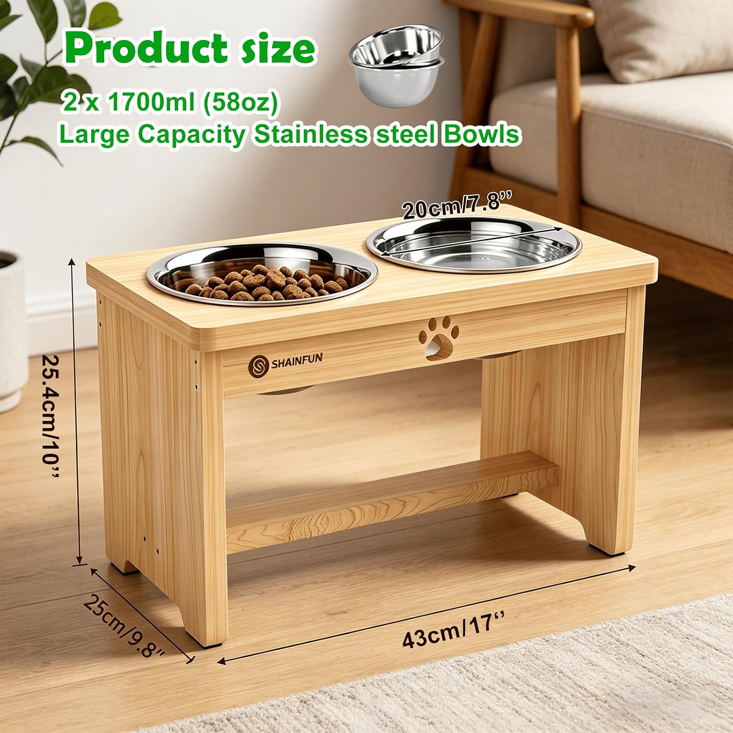SHAINFUN Elevated Dog Bowls with Slow Feeder & Mat for Medium and Large Dogs, 10" Tall Wooden Raised Dog Bowl Stand, 2 Stainless Steel 58oz Bowls for Food & Water