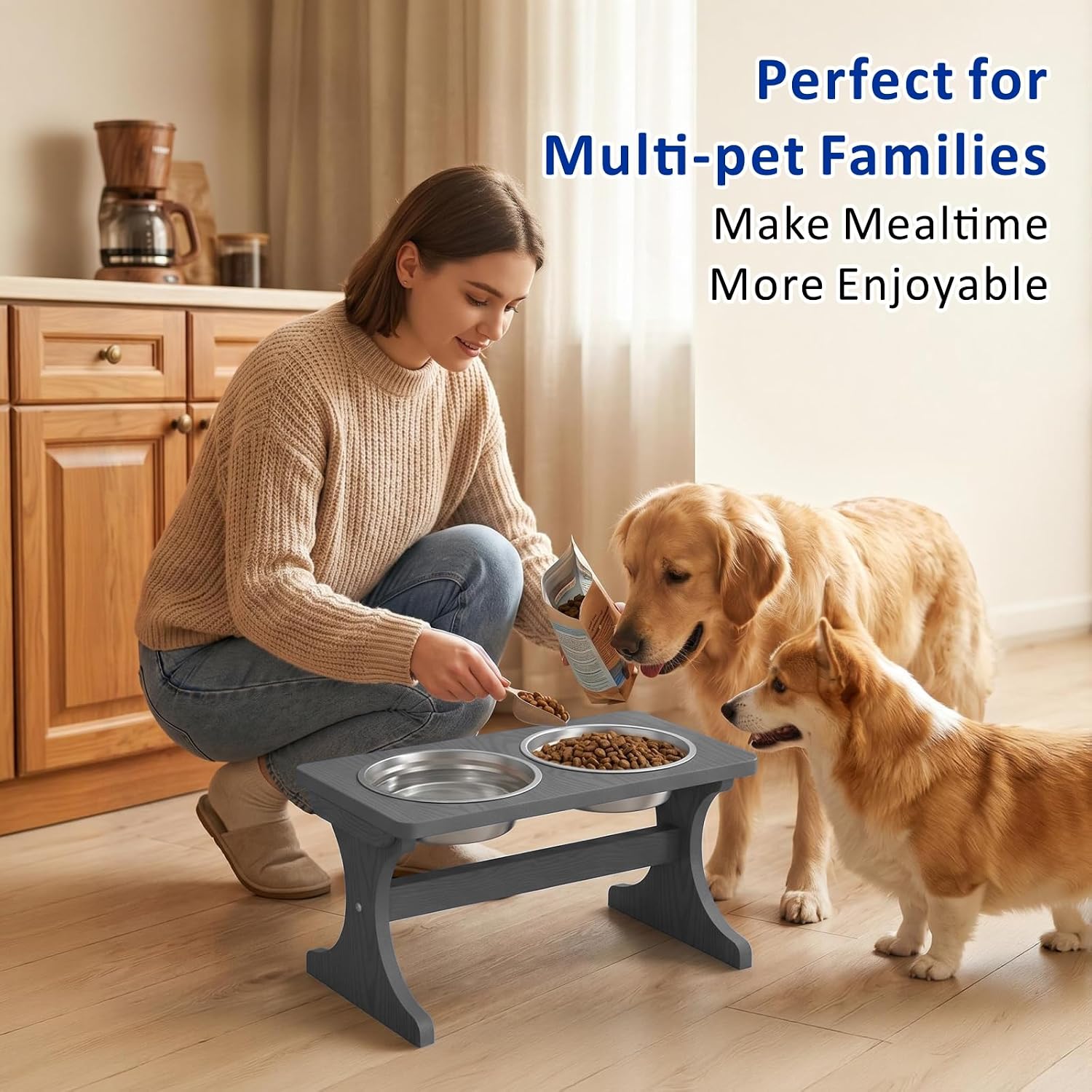 Raised Dog Bowl Stand for Medium Sized Breed, Feeding Station with 35 oz 2 Stainless Steel Bowls & Licking Plate,Dog Food Bowl Gray
