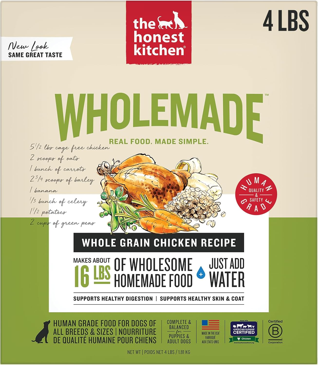 The Honest Kitchen Human Grade Wholemade™ Dehydrated Whole Grain Dog Food – Complete Meal or Dog Food Topper – Chicken 4 lb (Makes 16 lbs)