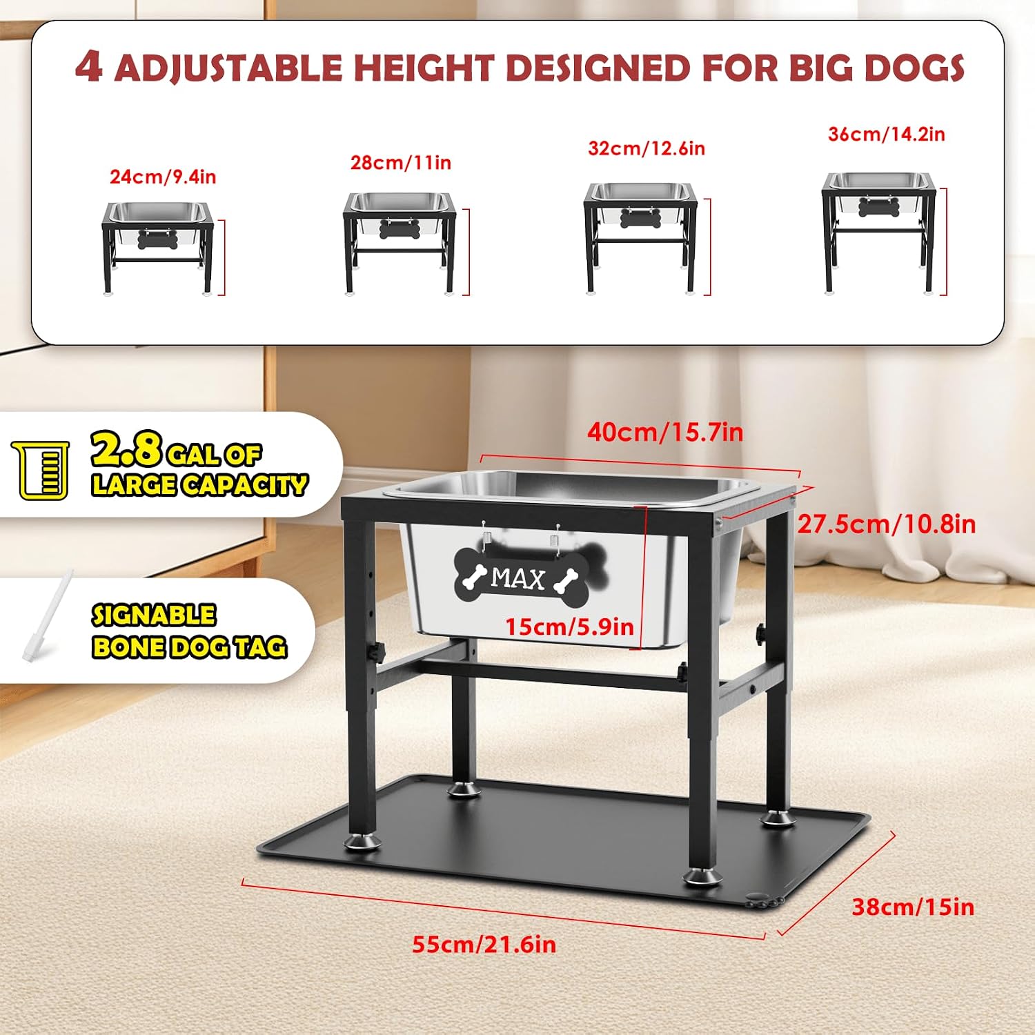 2.8 Gallon Elevated Large Dog Water Bowl with Spill-Proof Mat, 4-Height Adjustable (9.4–14.2'') Raised Dog Water Bowl Stand with Stainless Steel Bowls for Indoor/Outdoor Use