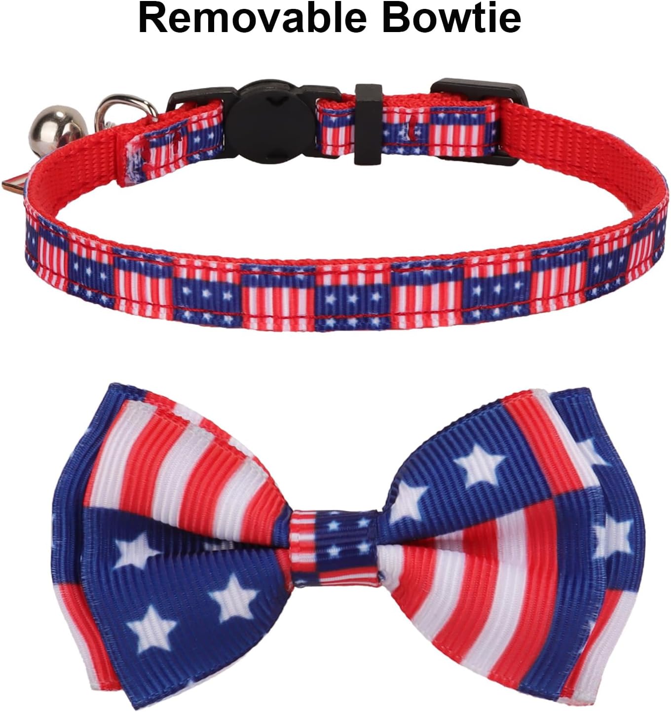 PTDECOR 4th of July Cat Collar with Bow, American Flag Patriotic Cat Collar | Detachable Bow Tie, Safe Breakaway Buckle, Adjustable, 2 Pack 4th of July Patriotic Collar for Cats Kittens