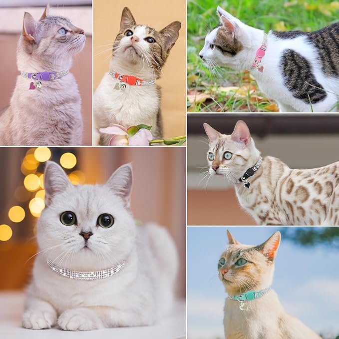Rhinestone Cat Collar Breakaway with Bell, Diamond Cat Collar with Safety Buckle Quick Release for Girl Boy Small Kitten Pets Puppy,Cute Soft Female Male Cat Collars, Color Pink 7-9"