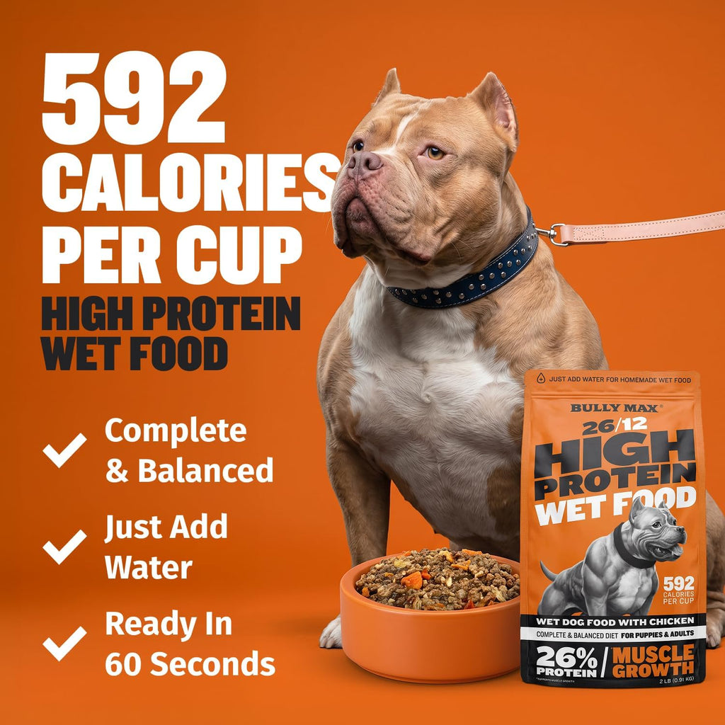 Bully Max Wet Dog Food for Adults & Puppies - Dehydrated High Protein Instant Fresh Soft Dog Food with Chicken - Healthy Muscle Growth for Small & Large Breeds - 2 Dry Pounds (Makes 5.5 lbs. Wet Food)