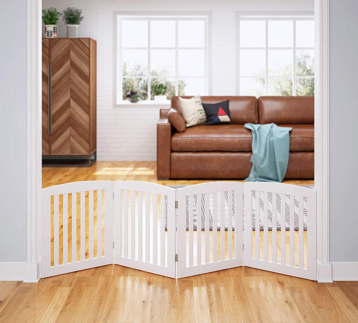 PAWLAND Wooden Freestanding Foldable Pet Gate for Dog,24" H Dog Gate Indoor | Dog Gate for Doorway, Stairs, the House, Step Over Fence, Extra Wide, Room Divider, Front Door, Hallway, 4 Panels, White